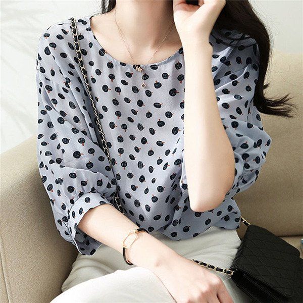 水玉 ブラウス Tシャツ トップス チュニック 夏 体型カバー レディース シフォン シャツ 春夏 フルーツ柄 水玉柄 丸首 柄シャツ 7分袖 おしゃれ 通勤 ゆったり 夏ブラウス 半袖シャツ 半袖