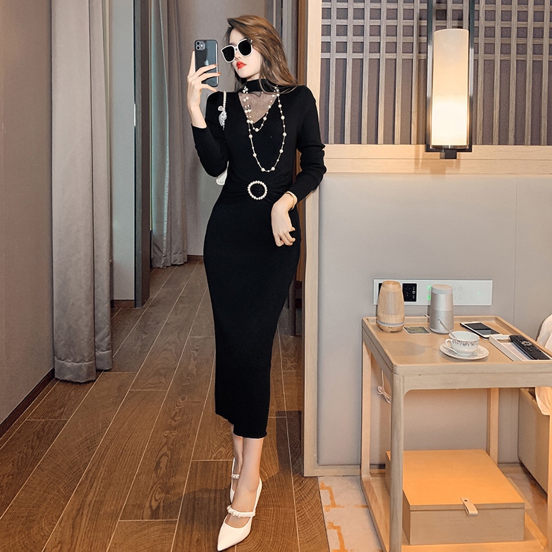 【Fellow 20％割】【JY.上品】 秋 ニットワンピース ロング タイト パーティードレス 着痩せ 大人 お呼ばれ 同窓会 披露宴 卒業式 結婚式 ウェディング 二次会 成人式