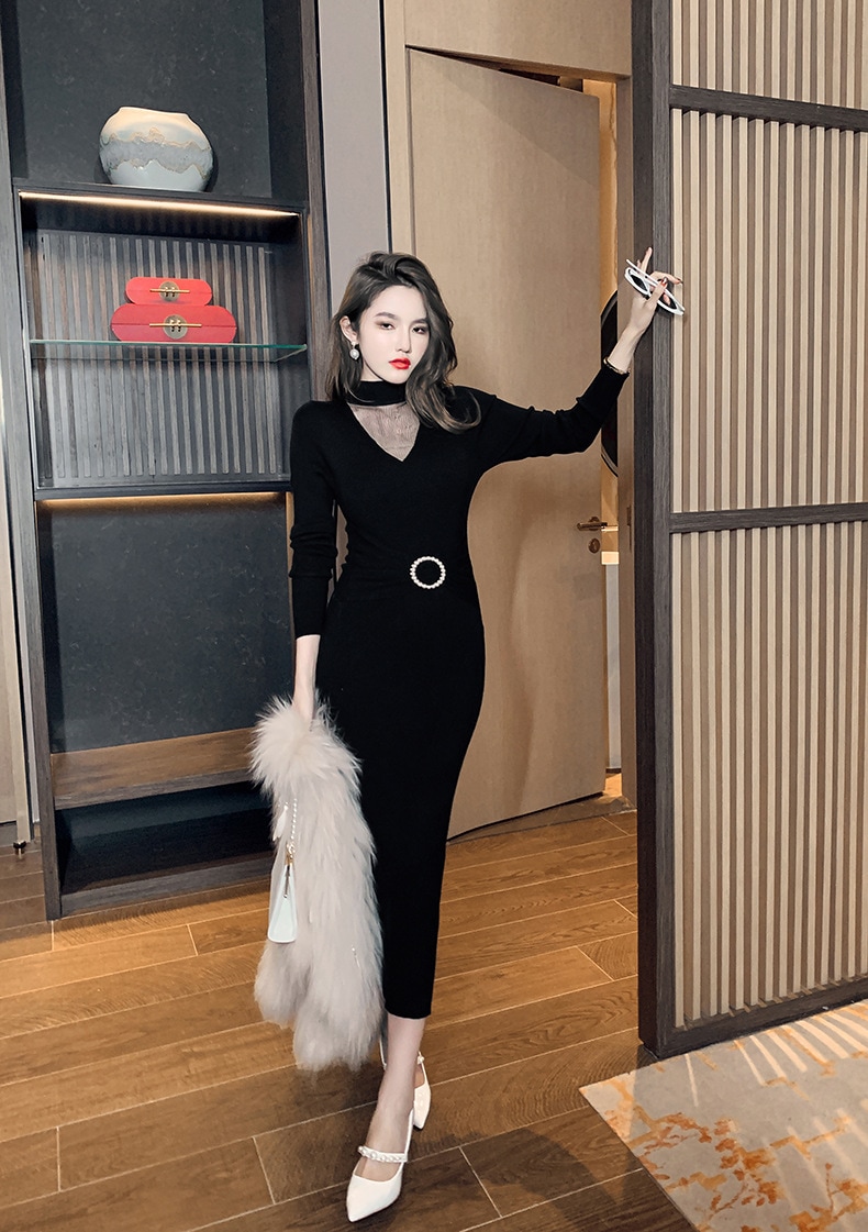 【Fellow 20％割】【JY.上品】 秋 ニットワンピース ロング タイト パーティードレス 着痩せ 大人 お呼ばれ 同窓会 披露宴 卒業式 結婚式 ウェディング 二次会 成人式