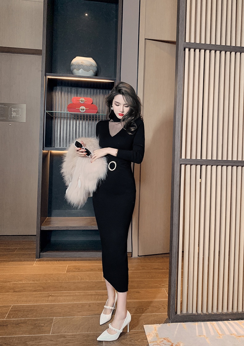 【Fellow 20％割】【JY.上品】 秋 ニットワンピース ロング タイト パーティードレス 着痩せ 大人 お呼ばれ 同窓会 披露宴 卒業式 結婚式 ウェディング 二次会 成人式