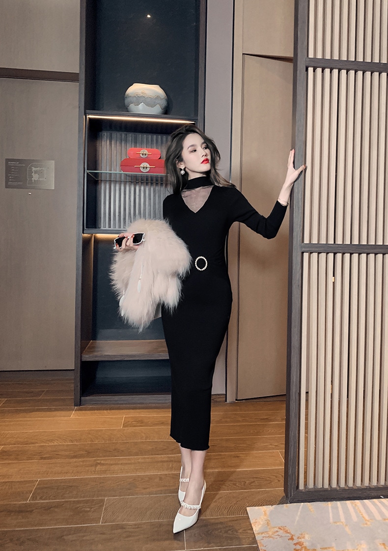 【Fellow 20％割】【JY.上品】 秋 ニットワンピース ロング タイト パーティードレス 着痩せ 大人 お呼ばれ 同窓会 披露宴 卒業式 結婚式 ウェディング 二次会 成人式