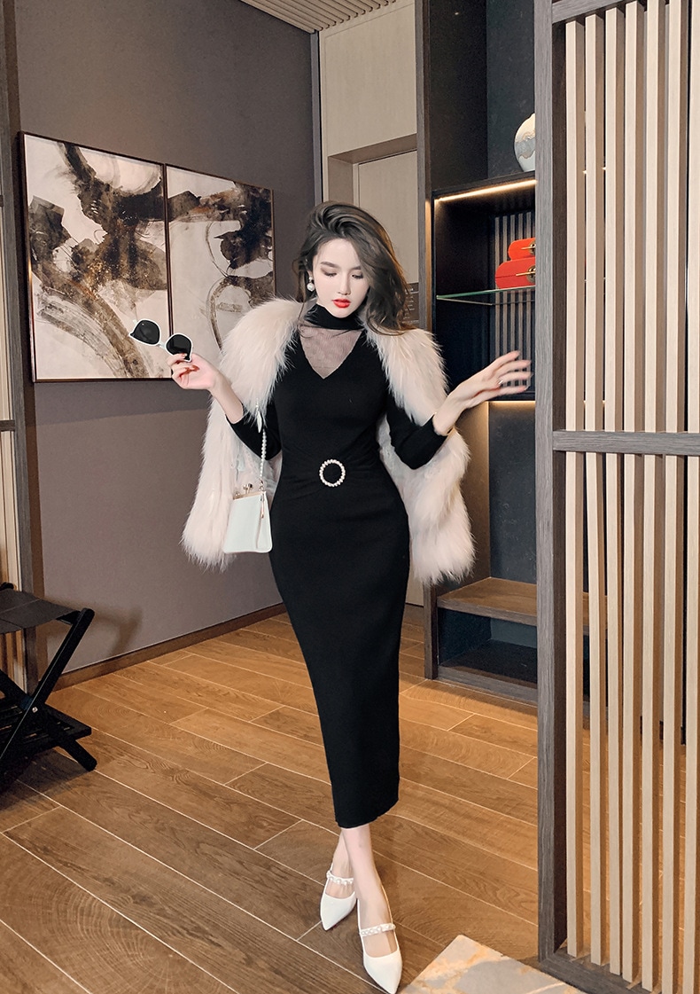 【Fellow 20％割】【JY.上品】 秋 ニットワンピース ロング タイト パーティードレス 着痩せ 大人 お呼ばれ 同窓会 披露宴 卒業式 結婚式 ウェディング 二次会 成人式