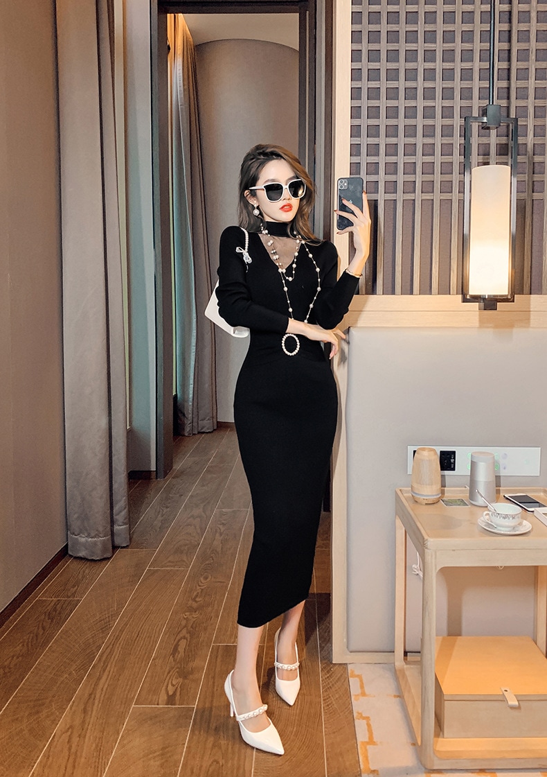 【Fellow 20％割】【JY.上品】 秋 ニットワンピース ロング タイト パーティードレス 着痩せ 大人 お呼ばれ 同窓会 披露宴 卒業式 結婚式 ウェディング 二次会 成人式