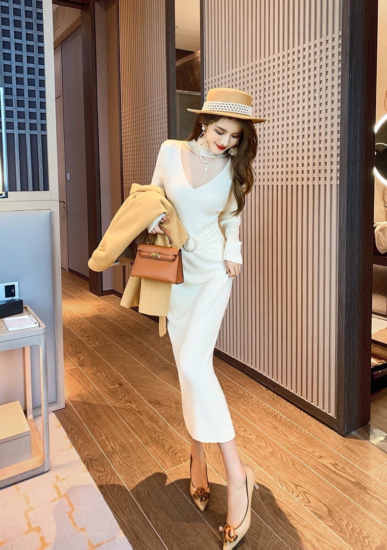 【Fellow 20％割】【JY.上品】 秋 ニットワンピース ロング タイト パーティードレス 着痩せ 大人 お呼ばれ 同窓会 披露宴 卒業式 結婚式 ウェディング 二次会 成人式