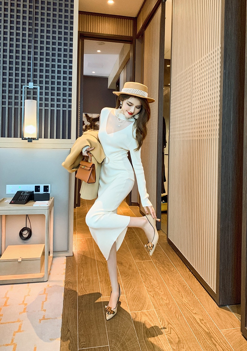 【Fellow 20％割】【JY.上品】 秋 ニットワンピース ロング タイト パーティードレス 着痩せ 大人 お呼ばれ 同窓会 披露宴 卒業式 結婚式 ウェディング 二次会 成人式