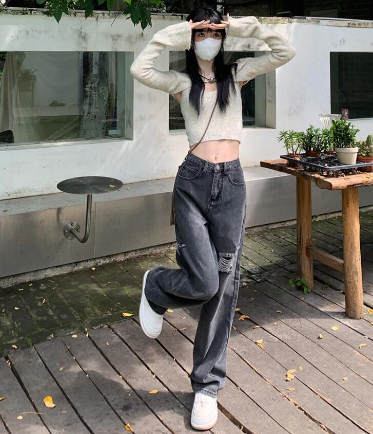 デニムパンツ レディース　ダメージ ワイドパンツ　ジーンズ ジーパン ゆるい クラッシュ　ヒゲ　ボトムス 大きいサイズ　 M L 2L　3L　4L　5L