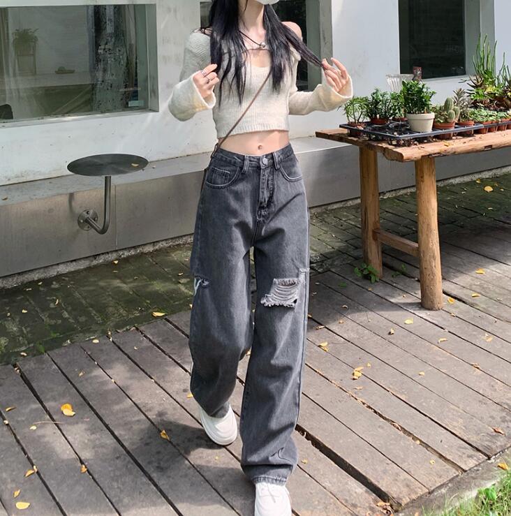 デニムパンツ レディース　ダメージ ワイドパンツ　ジーンズ ジーパン ゆるい クラッシュ　ヒゲ　ボトムス 大きいサイズ　 M L 2L　3L　4L　5L