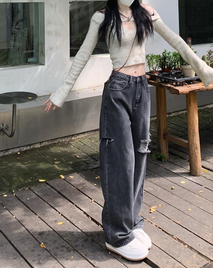 デニムパンツ レディース　ダメージ ワイドパンツ　ジーンズ ジーパン ゆるい クラッシュ　ヒゲ　ボトムス 大きいサイズ　 M L 2L　3L　4L　5L