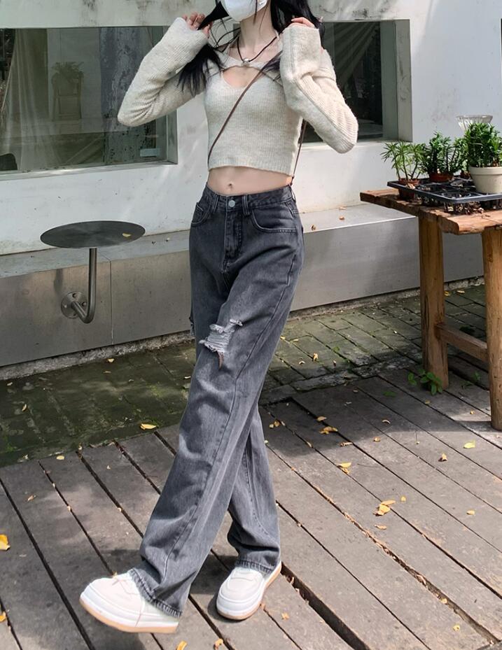 デニムパンツ レディース　ダメージ ワイドパンツ　ジーンズ ジーパン ゆるい クラッシュ　ヒゲ　ボトムス 大きいサイズ　 M L 2L　3L　4L　5L