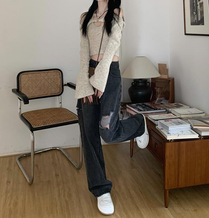 デニムパンツ レディース　ダメージ ワイドパンツ　ジーンズ ジーパン ゆるい クラッシュ　ヒゲ　ボトムス 大きいサイズ　 M L 2L　3L　4L　5L