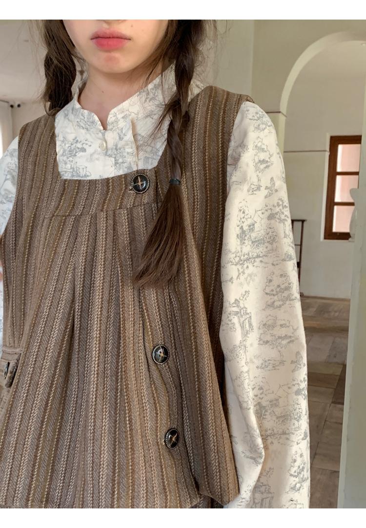 2023秋の新作カレー色ストライプ重ね着ベストハイウエストハーフスカート+甘レトロシャツ 2023秋の新作カレー色ストライプ重ね着ベストハイウエストハーフスカート+甘レトロシャツ