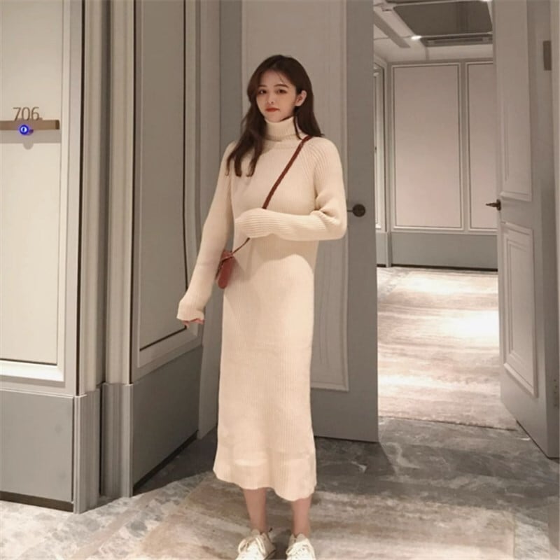 ワンピース ニットソー セーター ロングスカート ロング ロング丈 袖あり 長袖 タートルネック スリム 細身 かわいい 大人可愛い きれいめ シンプル カジュアル 大人 上品 おしゃれ 主役級