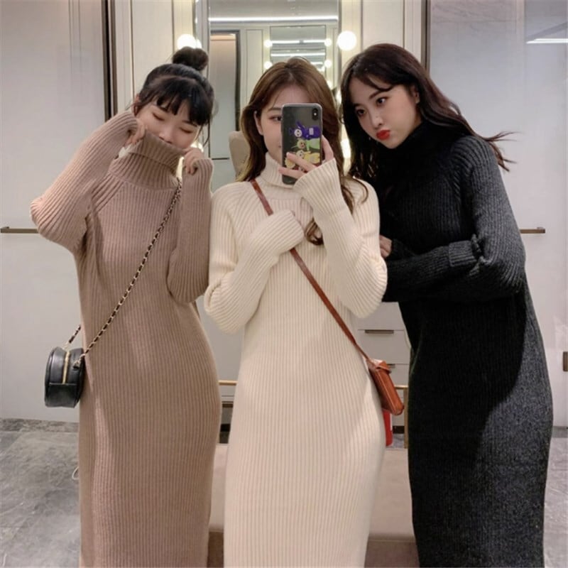 ワンピース ニットソー セーター ロングスカート ロング ロング丈 袖あり 長袖 タートルネック スリム 細身 かわいい 大人可愛い きれいめ シンプル カジュアル 大人 上品 おしゃれ 主役級