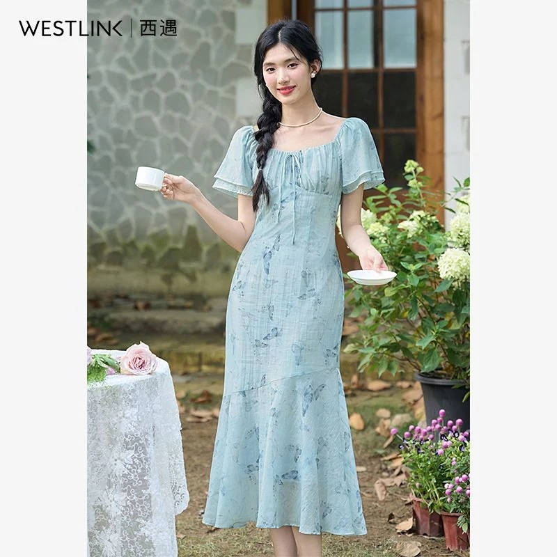 【急速出荷!】ブルー ガーデンテイストワンピース 2025夏 フリルスリーブ バタフライプリント スクエアネック マーメイドシルエット ワンピース ワンピース レディース ロングワンピース ワンピース 【急速出荷!】ブルー ガーデンテイストワンピース 2025夏 フリルスリーブ バタフライプリント スクエアネック マーメイドシルエット ワンピース ワンピース レディース ロングワンピース ワンピース