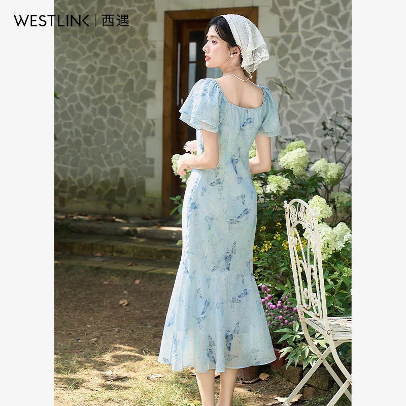 【急速出荷!】ブルー ガーデンテイストワンピース 2025夏 フリルスリーブ バタフライプリント スクエアネック マーメイドシルエット ワンピース ワンピース レディース ロングワンピース ワンピース 【急速出荷!】ブルー ガーデンテイストワンピース 2025夏 フリルスリーブ バタフライプリント スクエアネック マーメイドシルエット ワンピース ワンピース レディース ロングワンピース ワンピース