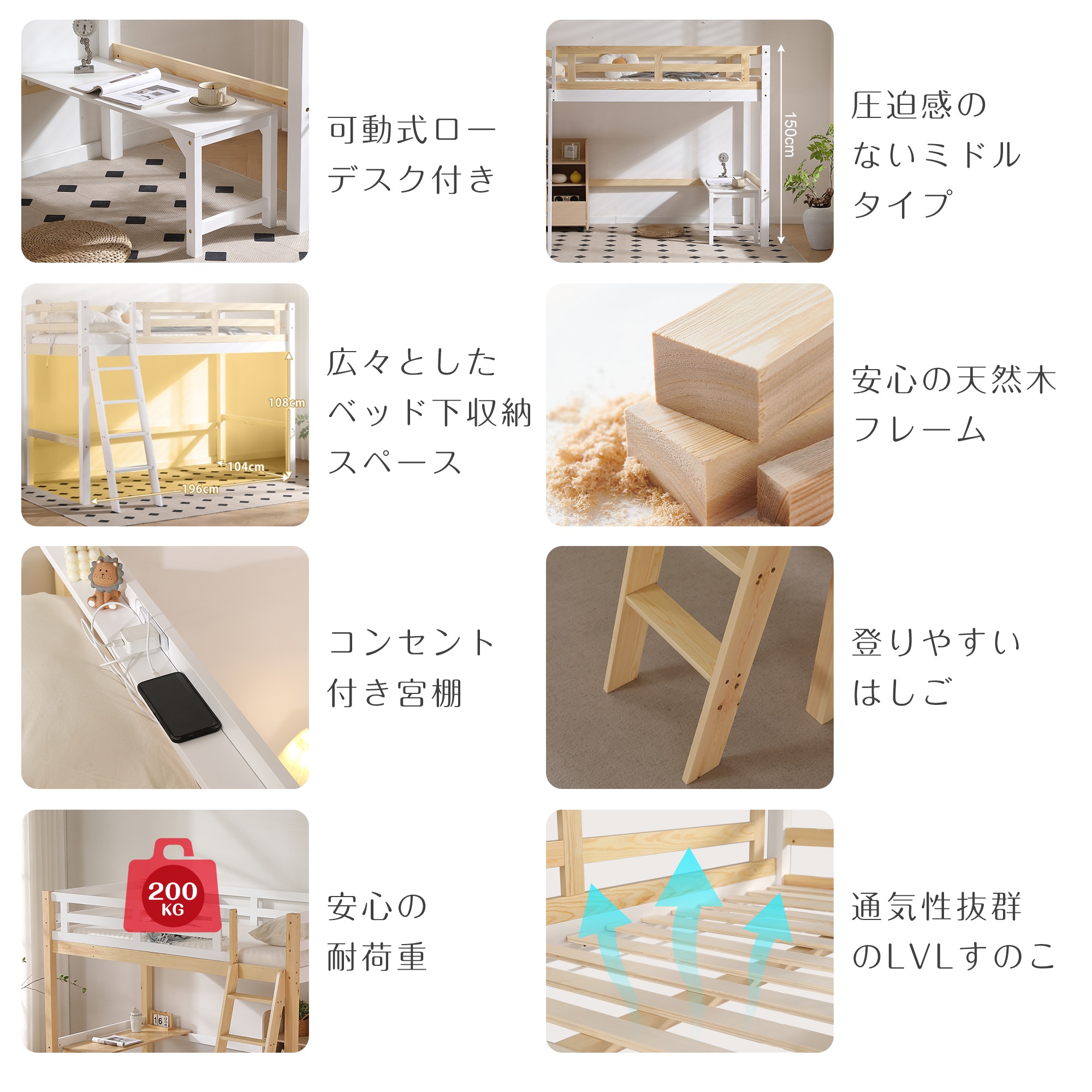 【国内発送】ロフトベッド シングル コンセント付き はしご ミドルタイプ 高さ150cm ローデスク付き 子供部屋 ベッド シングル パイプベッド 【国内発送】ロフトベッド シングル コンセント付き はしご ミドルタイプ 高さ150cm ローデスク付き 子供部屋 ベッド シングル パイプベッド