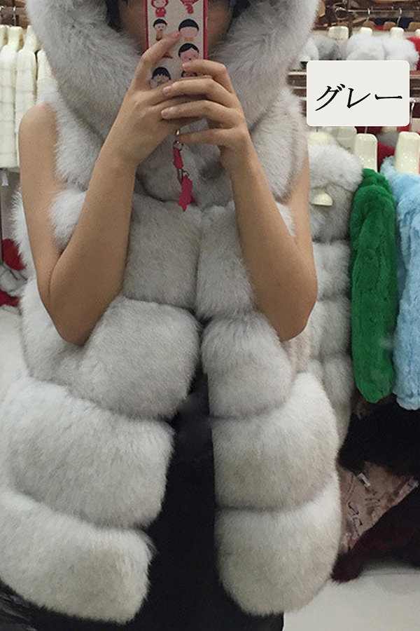 Qoo10] フード付き ファーベスト レディース ベ