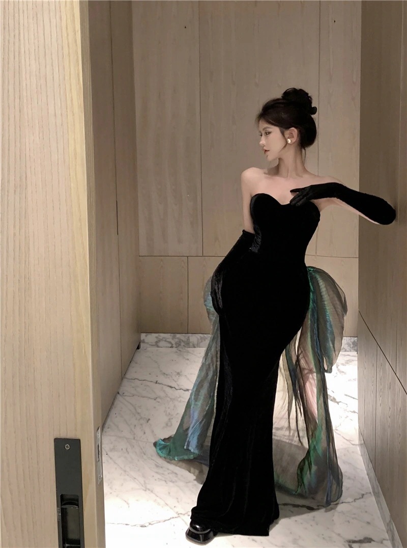 パーティドレス結婚式二次会 花嫁ロングドレスお呼ばれ 30代ワンピース ブラックベルベットシースリボンドレス パーティドレス結婚式二次会 花嫁ロングドレスお呼ばれ 30代ワンピース ブラックベルベットシースリボンドレス