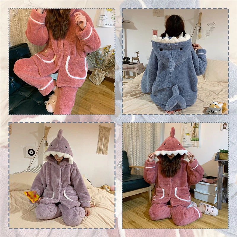 レディース もこもこパジャマ サメ 上下セット 長袖 ふわふわ フード付き 大人用 ハロウィン お祭り イベント コスプレ 学園祭 文化祭 結婚式二次会 宴会 部屋着に 可愛い ウエア かわ