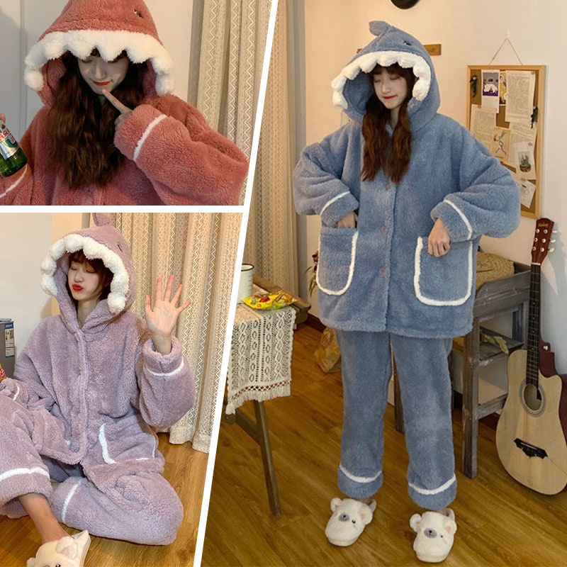 レディース もこもこパジャマ サメ 上下セット 長袖 ふわふわ フード付き 大人用 ハロウィン お祭り イベント コスプレ 学園祭 文化祭 結婚式二次会 宴会 部屋着に 可愛い ウエア かわ