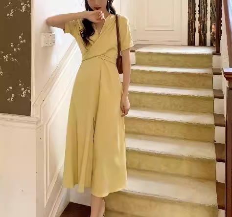 レディース ワンピース ドレス ロング 半袖 Vネック フレア スリム 細身 Aライン バックリボン ファスナー ハイウエスト かわいい 大人可愛い きれいめ シンプル カジュアル 上品 おしゃれ