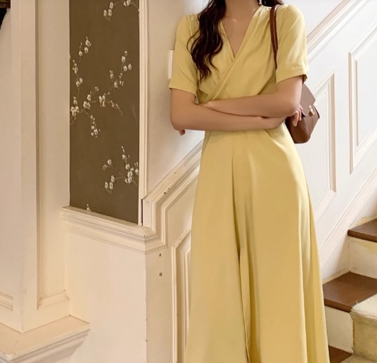 レディース ワンピース ドレス ロング 半袖 Vネック フレア スリム 細身 Aライン バックリボン ファスナー ハイウエスト かわいい 大人可愛い きれいめ シンプル カジュアル 上品 おしゃれ