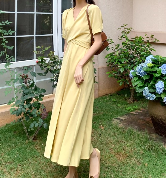 レディース ワンピース ドレス ロング 半袖 Vネック フレア スリム 細身 Aライン バックリボン ファスナー ハイウエスト かわいい 大人可愛い きれいめ シンプル カジュアル 上品 おしゃれ