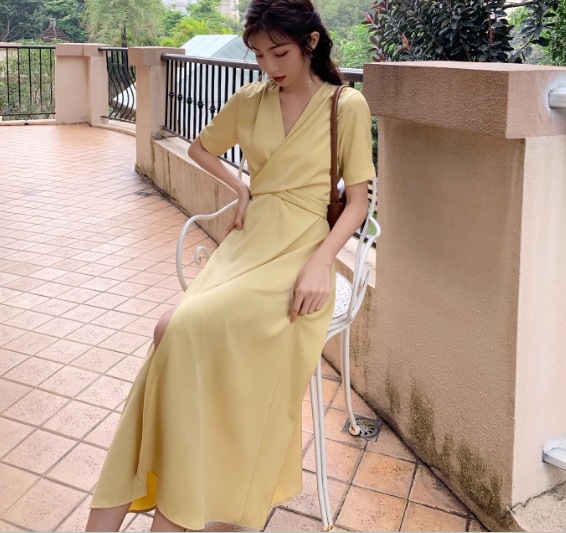 レディース ワンピース ドレス ロング 半袖 Vネック フレア スリム 細身 Aライン バックリボン ファスナー ハイウエスト かわいい 大人可愛い きれいめ シンプル カジュアル 上品 おしゃれ