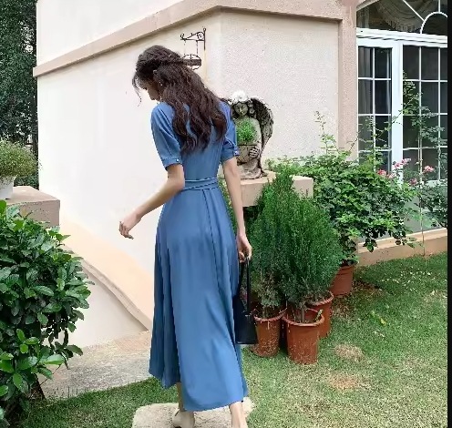 レディース ワンピース ドレス ロング 半袖 Vネック フレア スリム 細身 Aライン バックリボン ファスナー ハイウエスト かわいい 大人可愛い きれいめ シンプル カジュアル 上品 おしゃれ