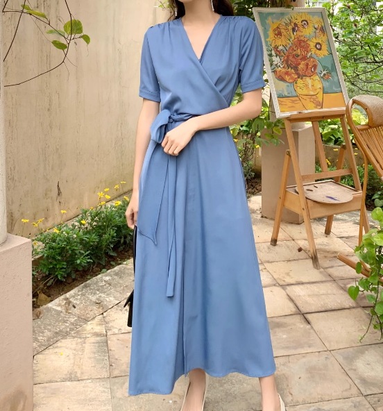 レディース ワンピース ドレス ロング 半袖 Vネック フレア スリム 細身 Aライン バックリボン ファスナー ハイウエスト かわいい 大人可愛い きれいめ シンプル カジュアル 上品 おしゃれ