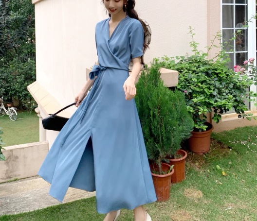 レディース ワンピース ドレス ロング 半袖 Vネック フレア スリム 細身 Aライン バックリボン ファスナー ハイウエスト かわいい 大人可愛い きれいめ シンプル カジュアル 上品 おしゃれ