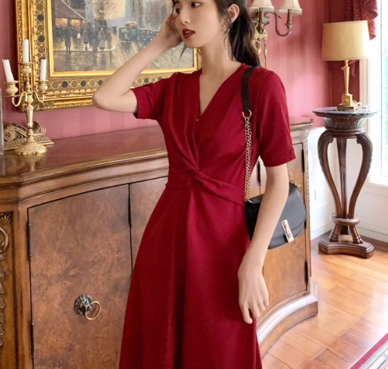 レディース ワンピース ドレス ロング 半袖 Vネック フレア スリム 細身 Aライン バックリボン ファスナー ハイウエスト かわいい 大人可愛い きれいめ シンプル カジュアル 上品 おしゃれ