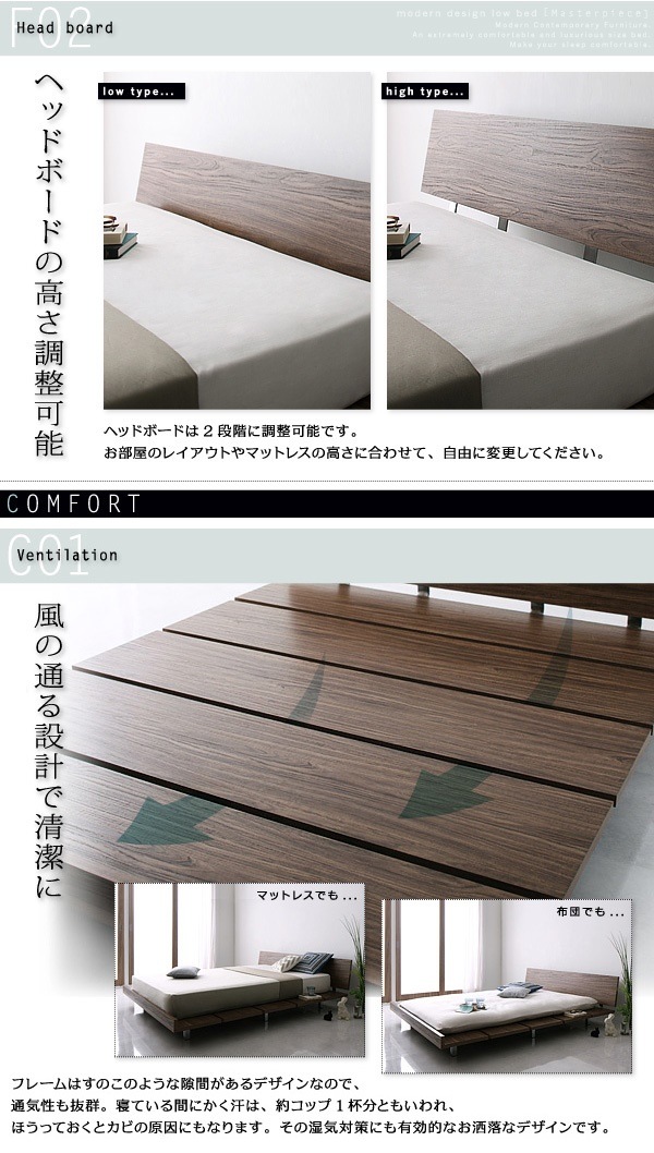 [組立設置付]ローベッド [マスターピース] スタンダードポケットコイルマットレス付 ナローステージ ダブル フレーム幅160 [マットレス]黒