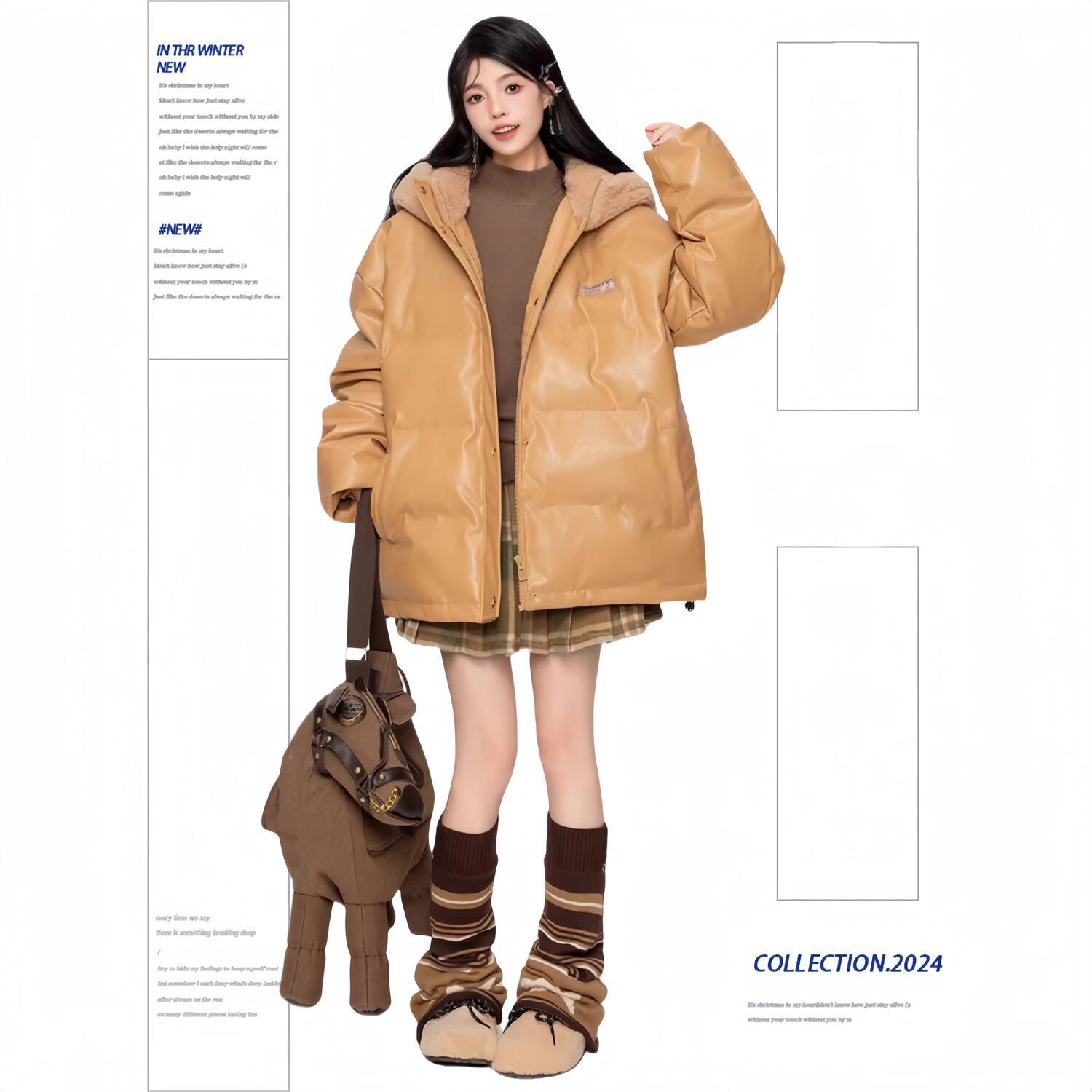 [マットスキン]ブラウンレザーコットン女性2024冬高級感モコモコフードコートパンウェア