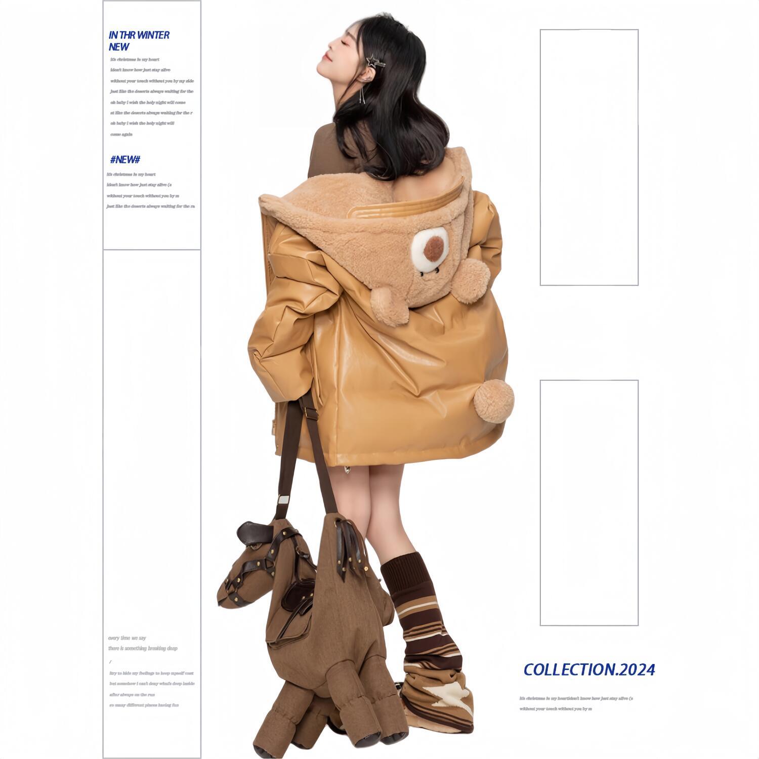 [マットスキン]ブラウンレザーコットン女性2024冬高級感モコモコフードコートパンウェア