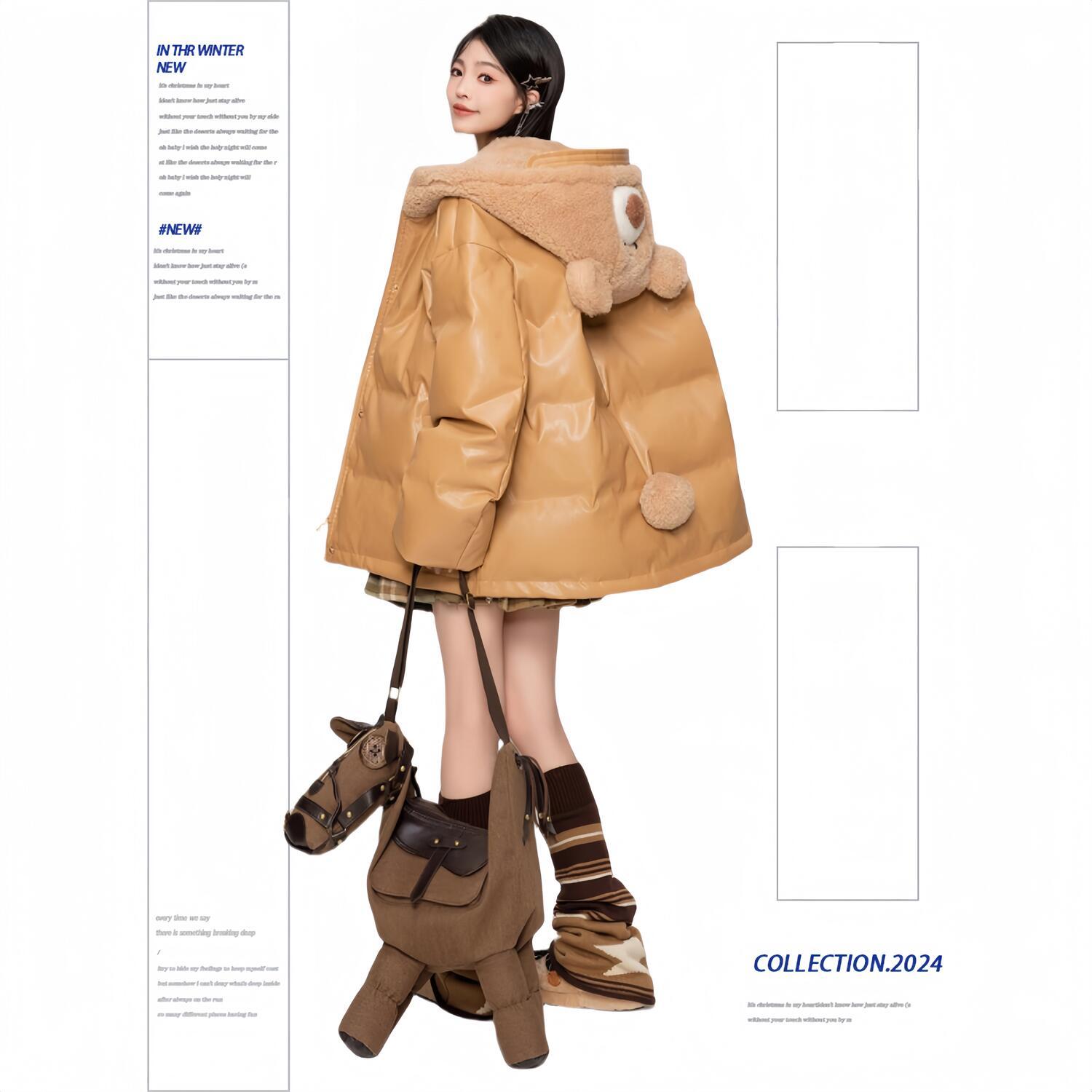 [マットスキン]ブラウンレザーコットン女性2024冬高級感モコモコフードコートパンウェア
