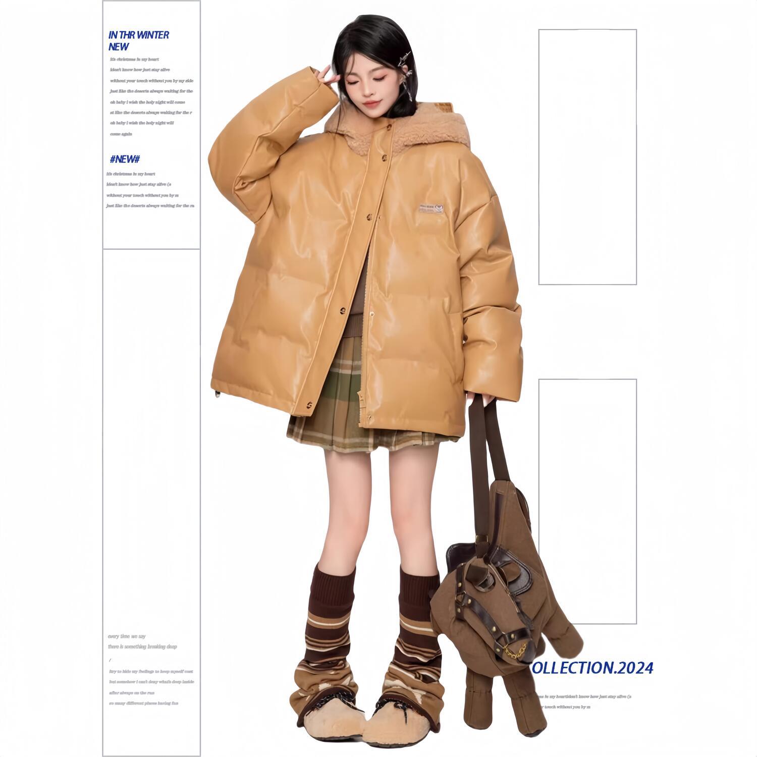 [マットスキン]ブラウンレザーコットン女性2024冬高級感モコモコフードコートパンウェア