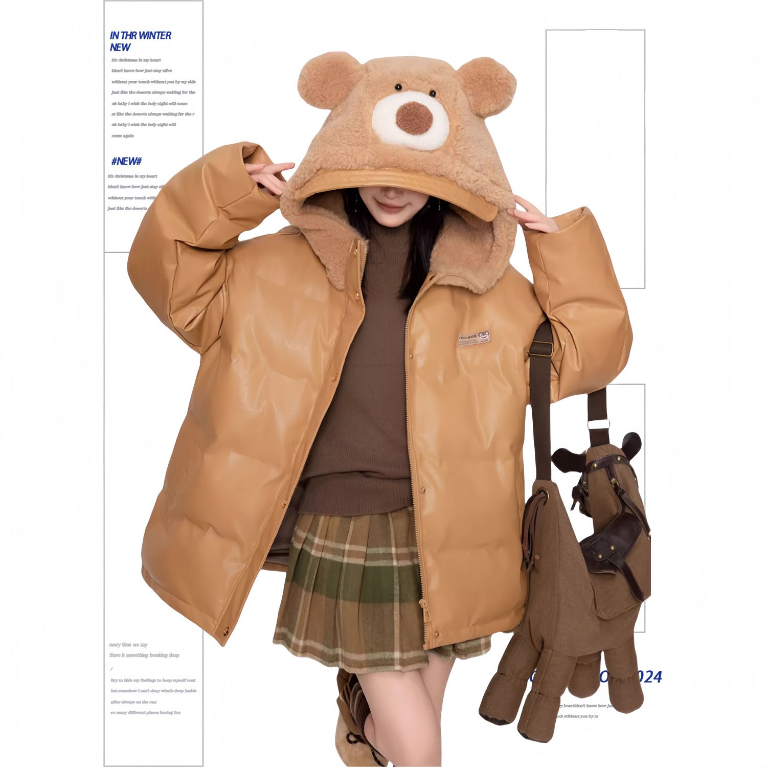 [マットスキン]ブラウンレザーコットン女性2024冬高級感モコモコフードコートパンウェア