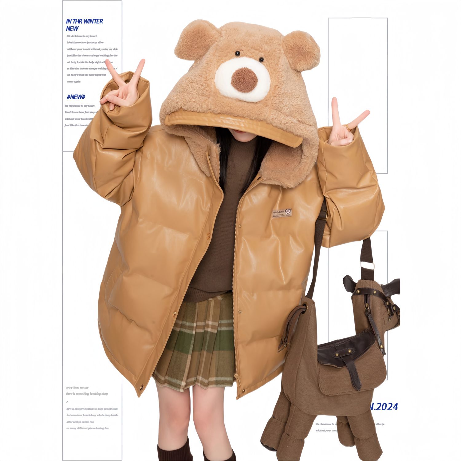 [マットスキン]ブラウンレザーコットン女性2024冬高級感モコモコフードコートパンウェア
