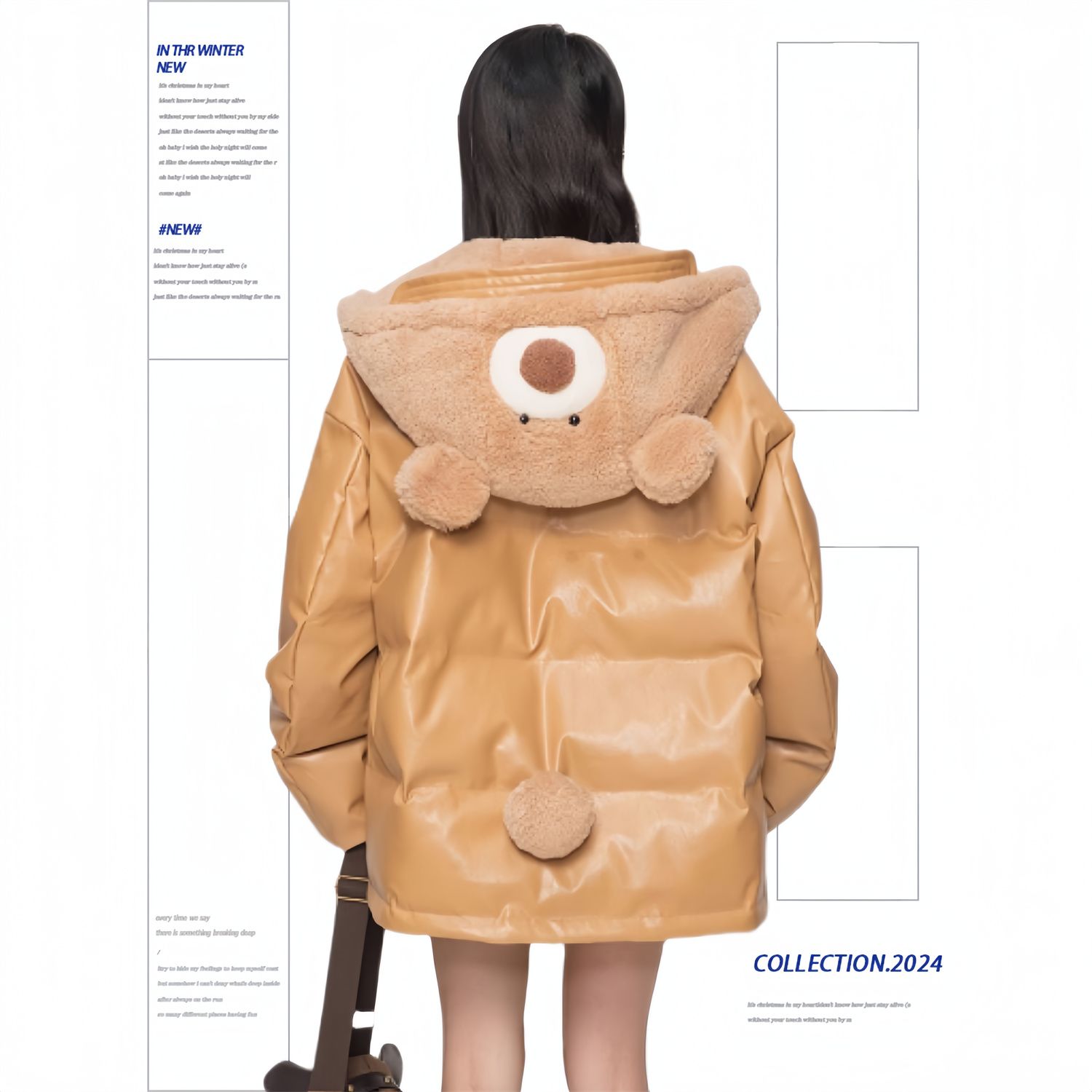 [マットスキン]ブラウンレザーコットン女性2024冬高級感モコモコフードコートパンウェア