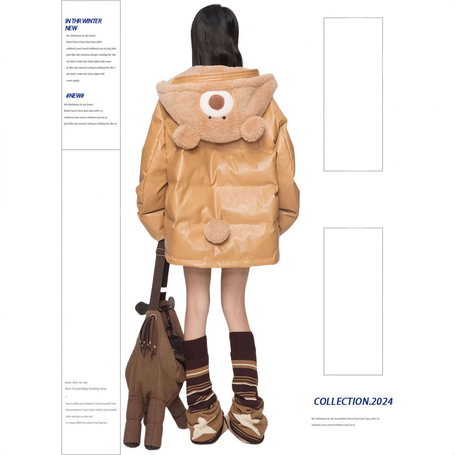 [マットスキン]ブラウンレザーコットン女性2024冬高級感モコモコフードコートパンウェア