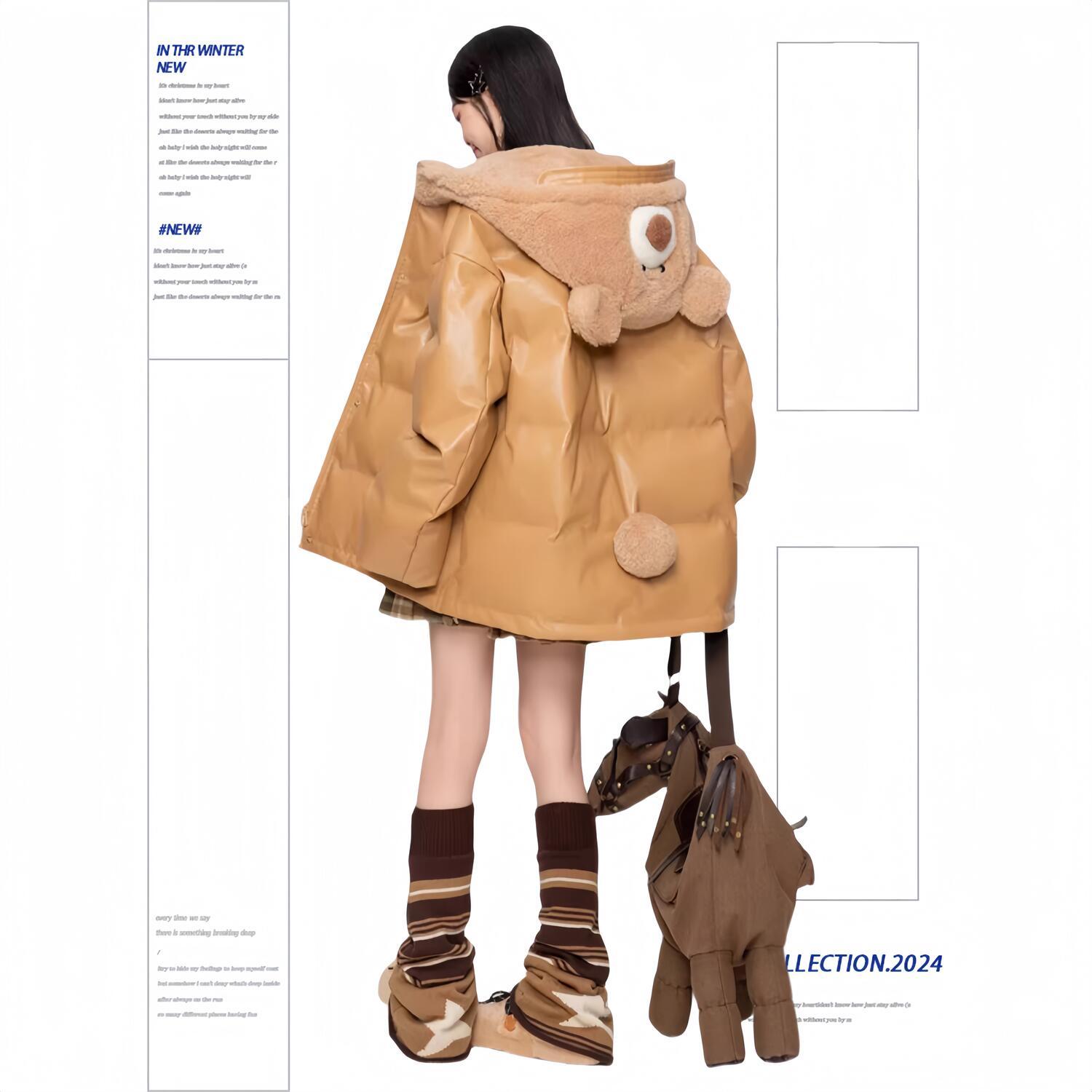 [マットスキン]ブラウンレザーコットン女性2024冬高級感モコモコフードコートパンウェア