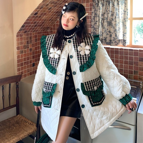 グリーンツイードデイジーデコキルティングジャケット