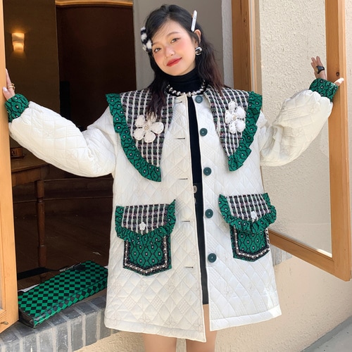 グリーンツイードデイジーデコキルティングジャケット