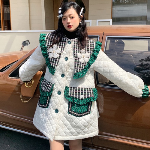 グリーンツイードデイジーデコキルティングジャケット