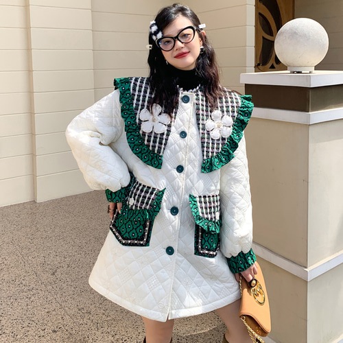 グリーンツイードデイジーデコキルティングジャケット