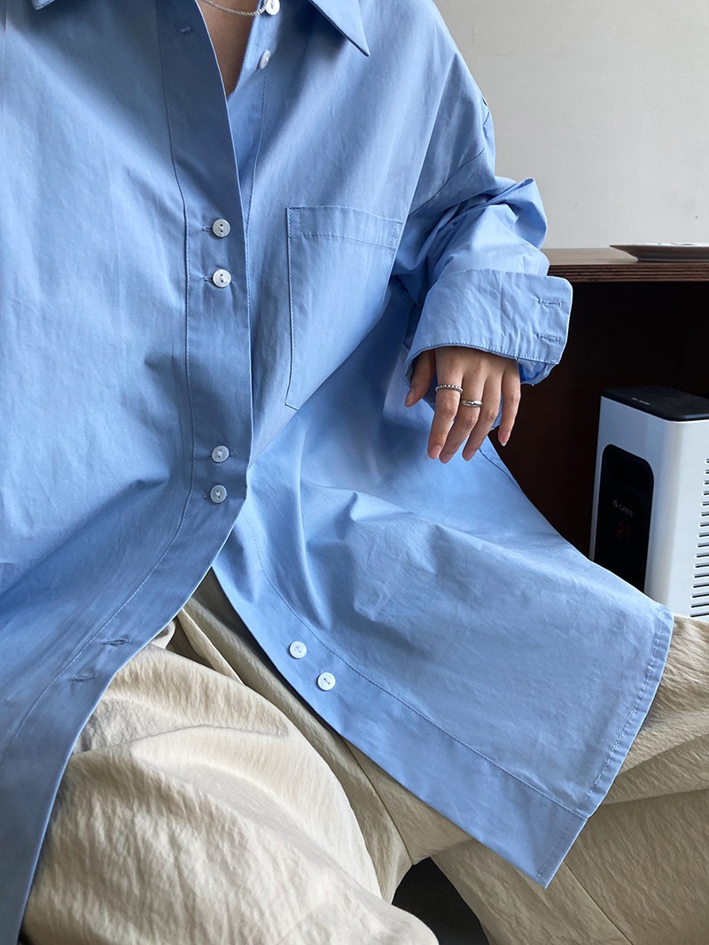 シャツ ブラウス 長袖 無地 シンプル オーバーサイズ ゆったり ロング ボタン ポケット カジュアル TKOR0040