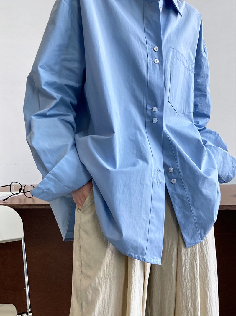 シャツ ブラウス 長袖 無地 シンプル オーバーサイズ ゆったり ロング ボタン ポケット カジュアル TKOR0040