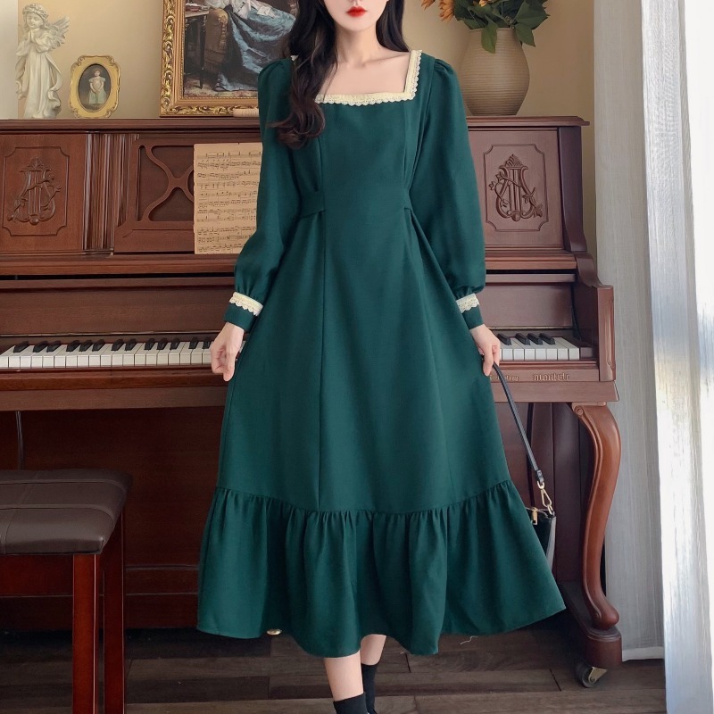 配色レーストリミング 胸元開き デコルテ見せ 裾ギャザー切替え ワンピース 膝下 ミモレ丈