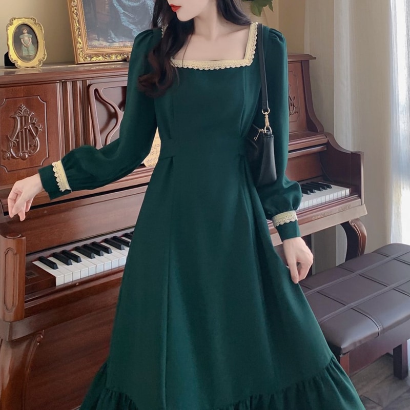 配色レーストリミング 胸元開き デコルテ見せ 裾ギャザー切替え ワンピース 膝下 ミモレ丈